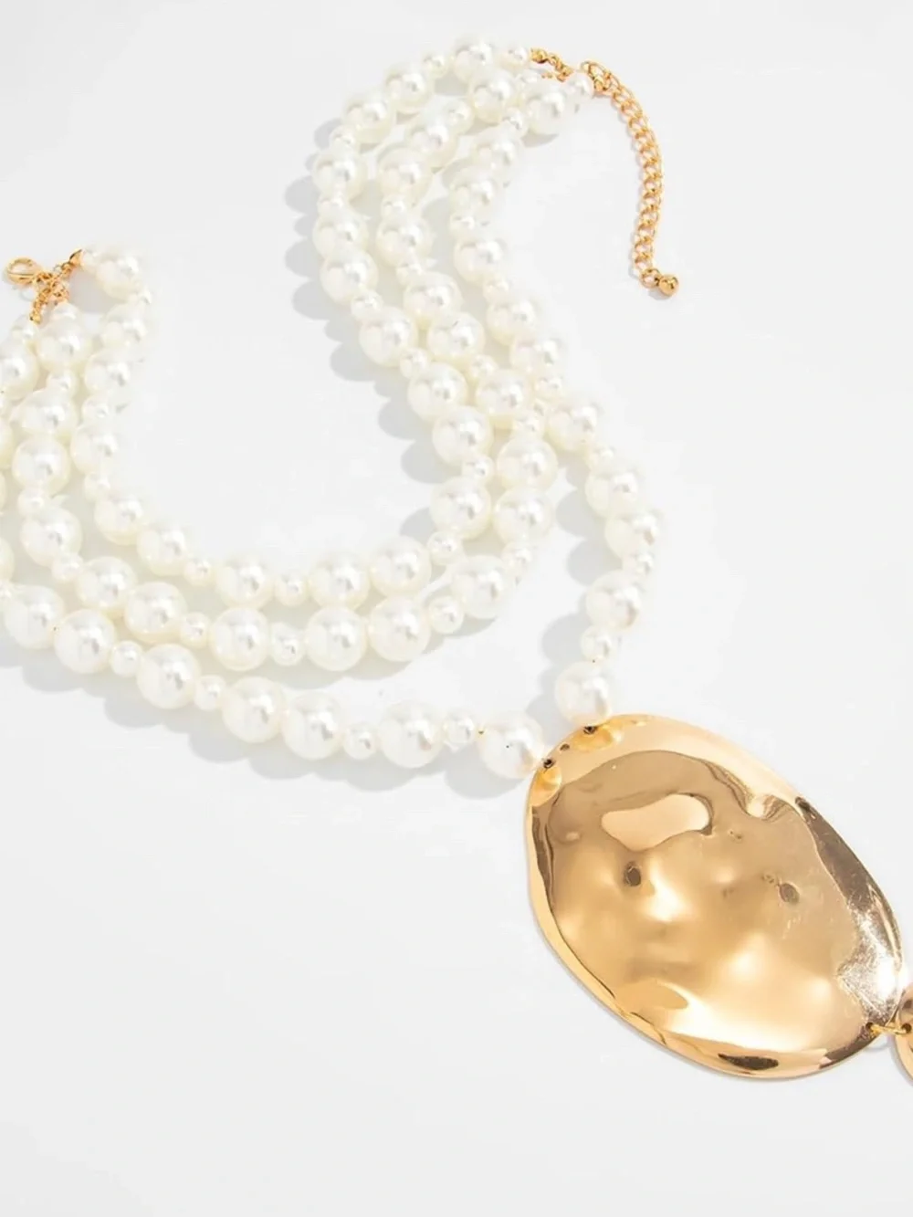 Long Layered Pearl Necklace with Gold Pendant